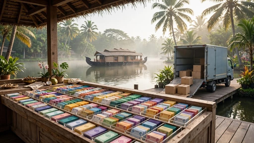 3 Star Lottery Agency Kerala backwaters wooden counter with houseboats and lottery tickets