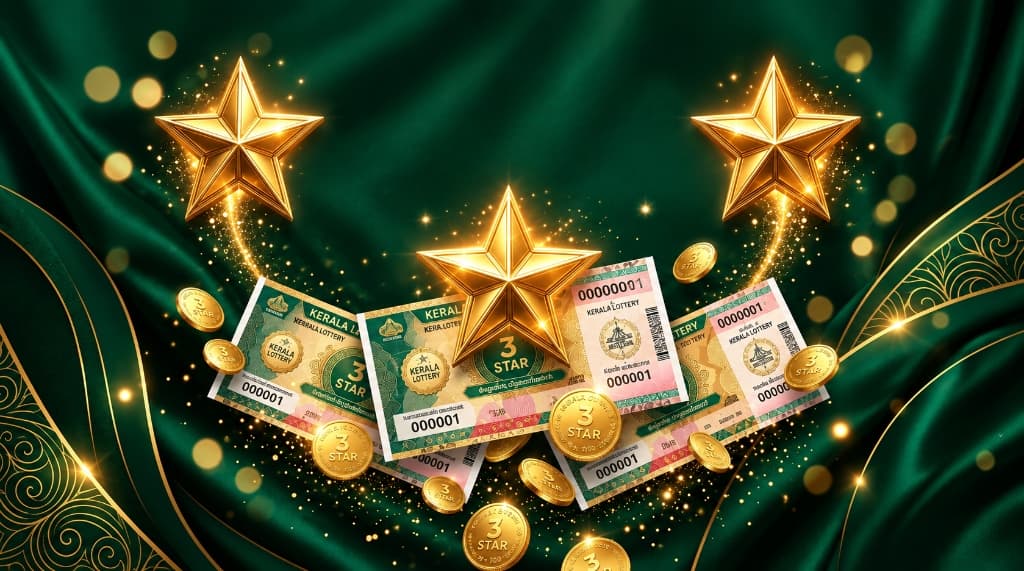 3 Star Lottery Agency luxury gold emblem with metallic stars and lottery tickets